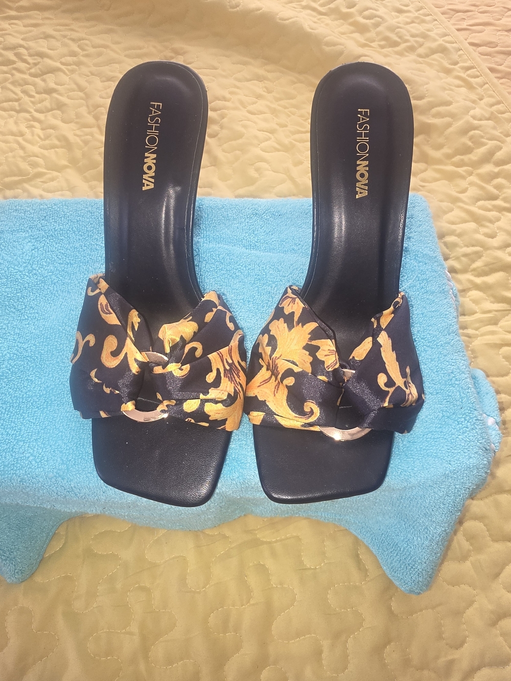 Fashion Nova Black & Gold Baroque Knot Slide Heels